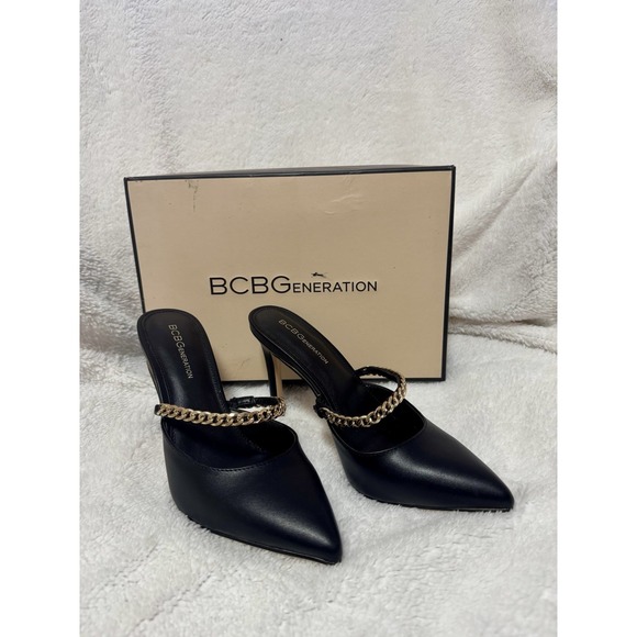 BCBGeneration Shoes - NIB! BCBGeneration‎ Womens Havinda 2 Black Gold Heels Mules Shoes 7.5 38 Medium